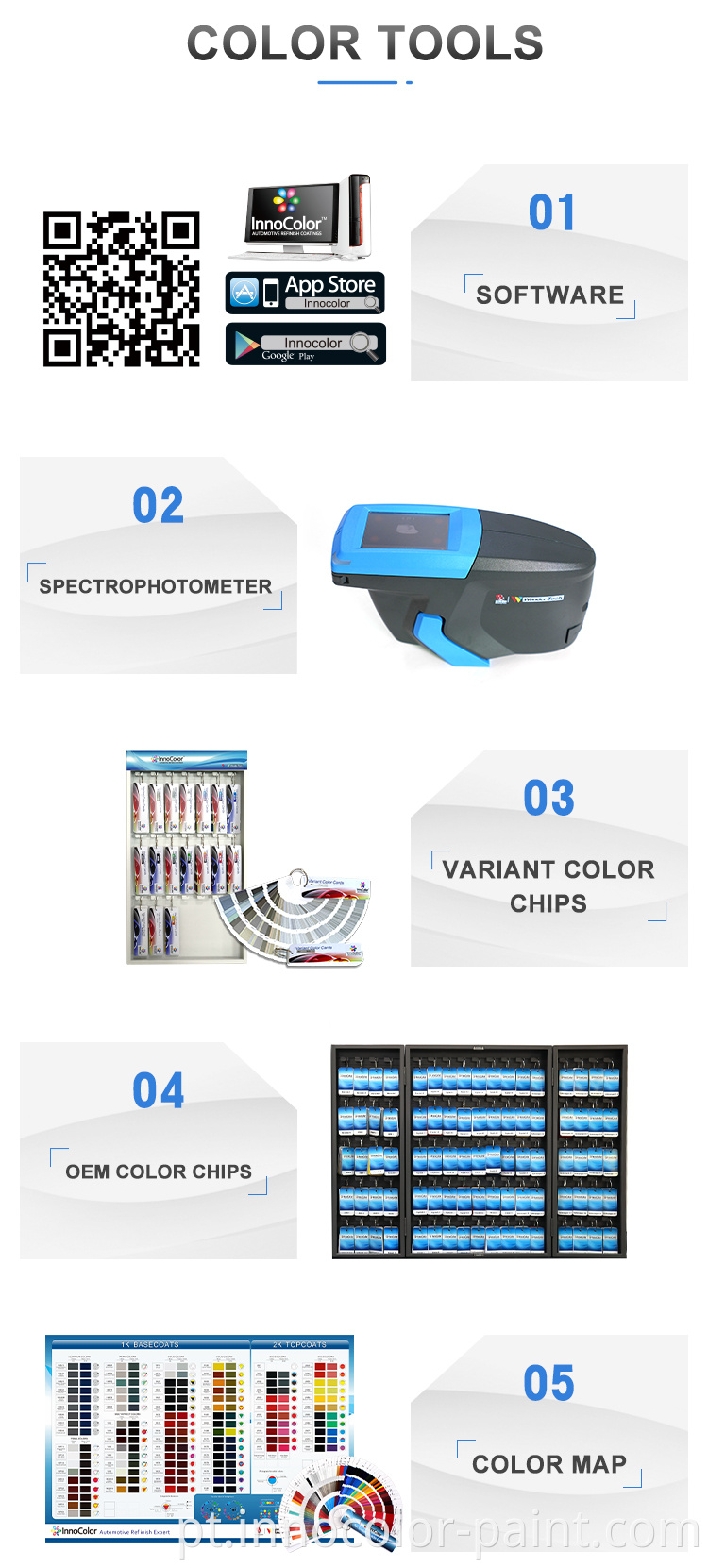 Cores de reparo de tinta de carro Innocolor Automotive Repair automóvel Reparo automático Corporar 2K Carro fino de capeamento de tinta de metal